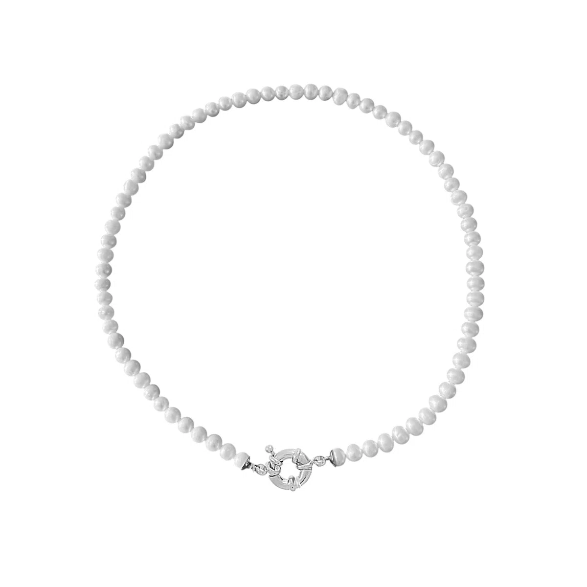 Collar Marinera Pearls Plata, cadena de perlas de río, cierre resort/reasa/marinera en Plata de ley 925, hand made, regalo, regalo para mujer. (Oro Blanco 18k, Collar 45cms)