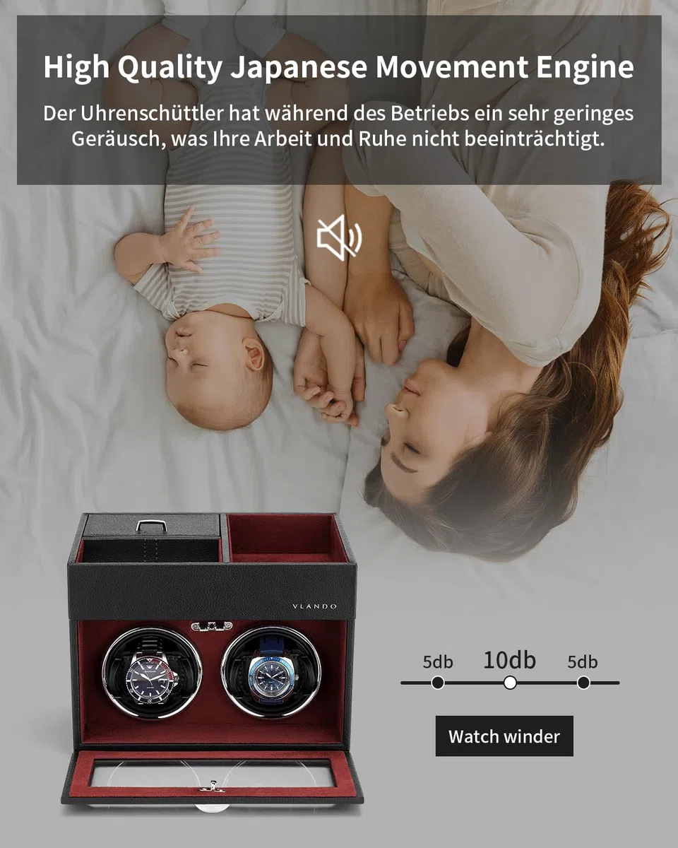 Vlando Vitrina Automática para 2 Relojes, Caja Giratoria de Cuero con Almacenamiento de Joyas, Motor Silencioso Japonés, Iluminación LED, Adaptador de Corriente Alterna, Caja de Movimiento de Relojes