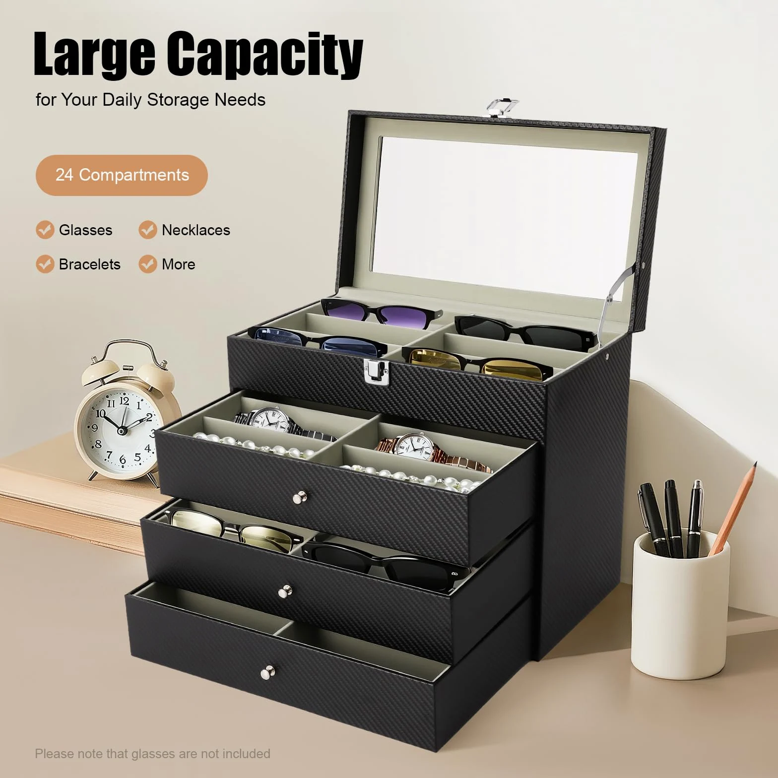 Caja de almacenamiento para gafas, caja organizadora de gafas, caja de joyería, caja de piel sintética con tapa de cristal, caja de almacenamiento para gafas de sol, regalo para relojes y pulseras
