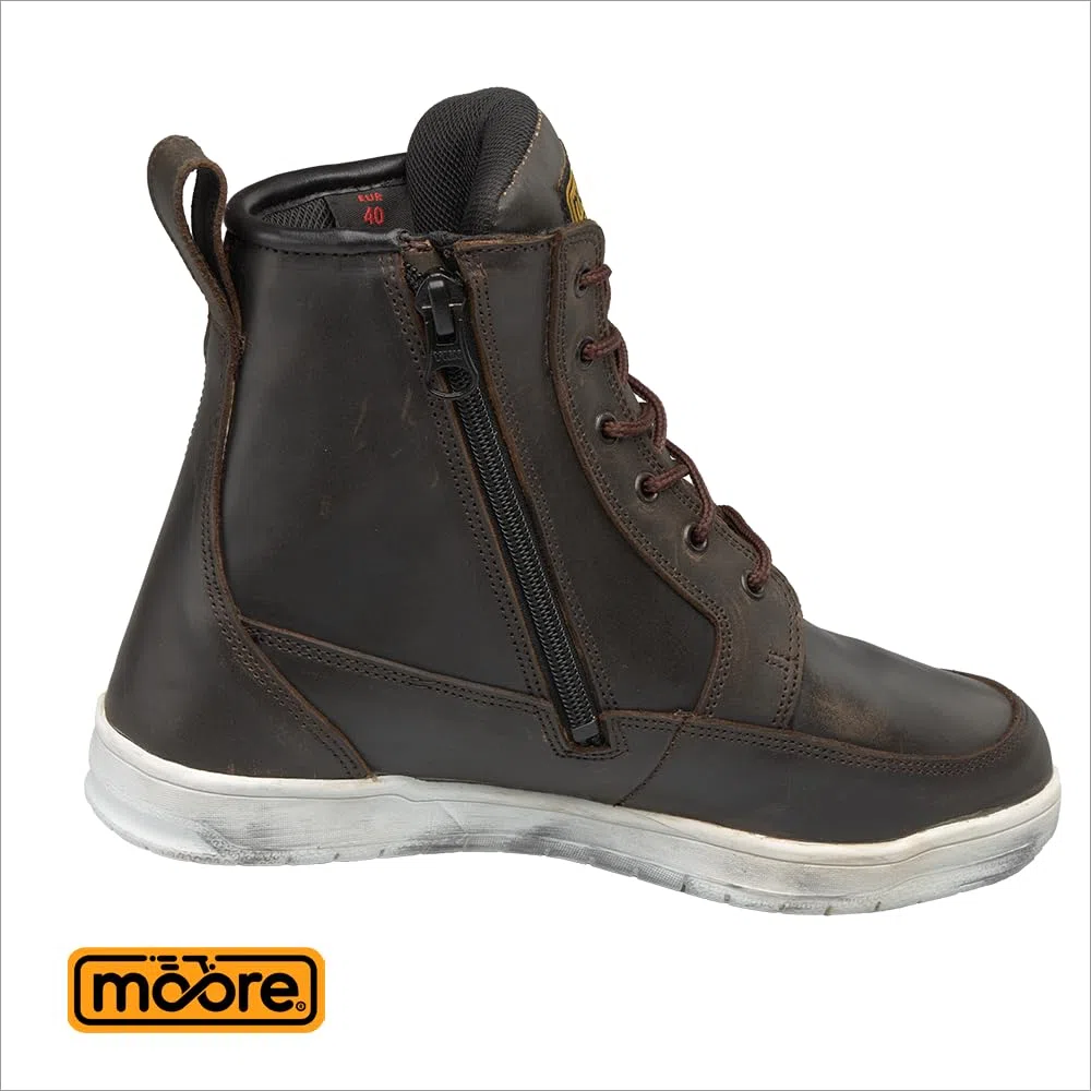 Moore Botas Moto Comfort Zip Marrón Piel, Membrana Imp. MRX-wp, Refuerzo Tobillo, Suela Tipo Sneaker, Cert. EN13634:2017