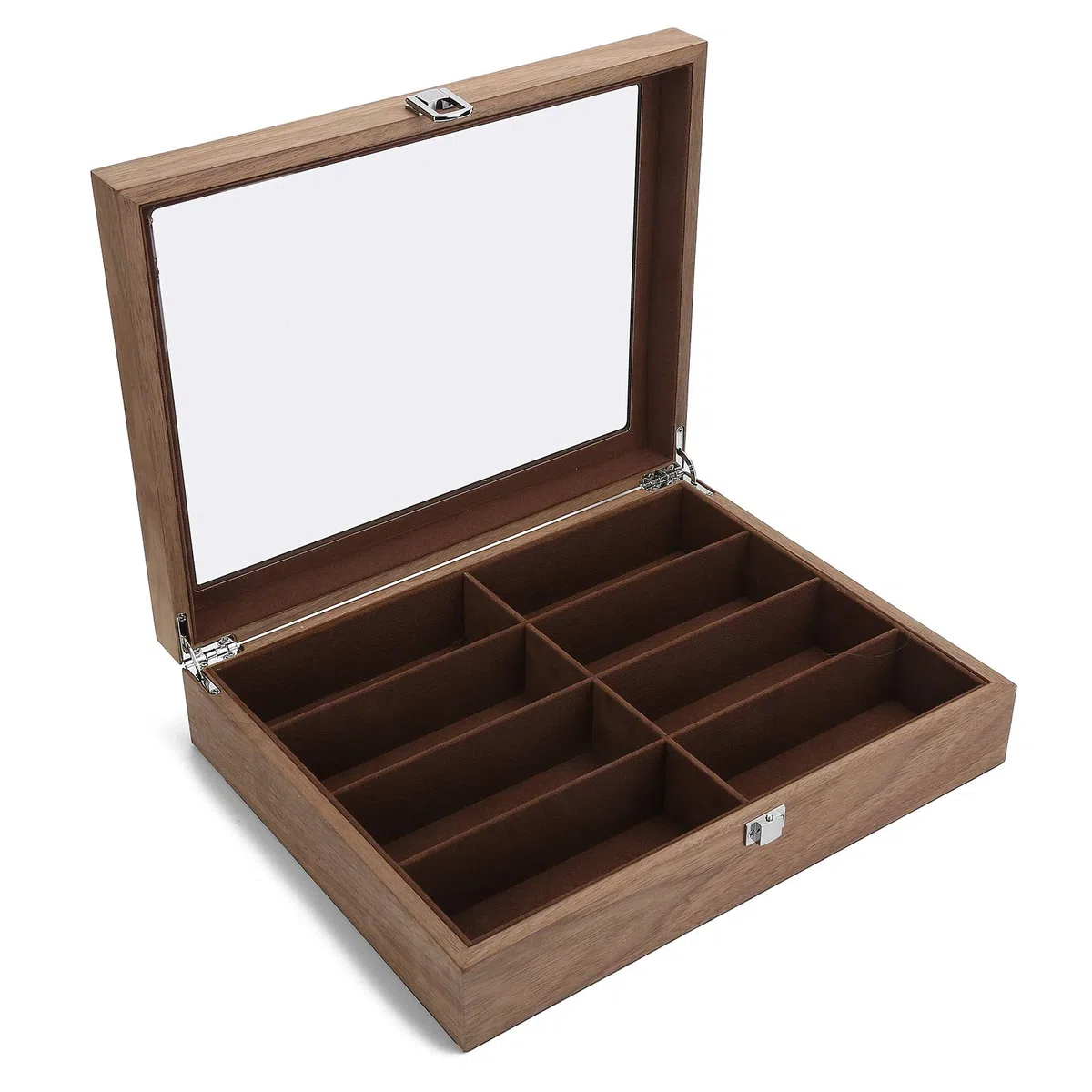 Bewinner Caja de Almacenamiento de 8 Gafas de Rejilla, Vitrina de Madera Maciza y Vidrio para Gafas de Sol, Organizador de Joyas con 8 Compartimentos Separados, Decoración de Viajes y Hogar
