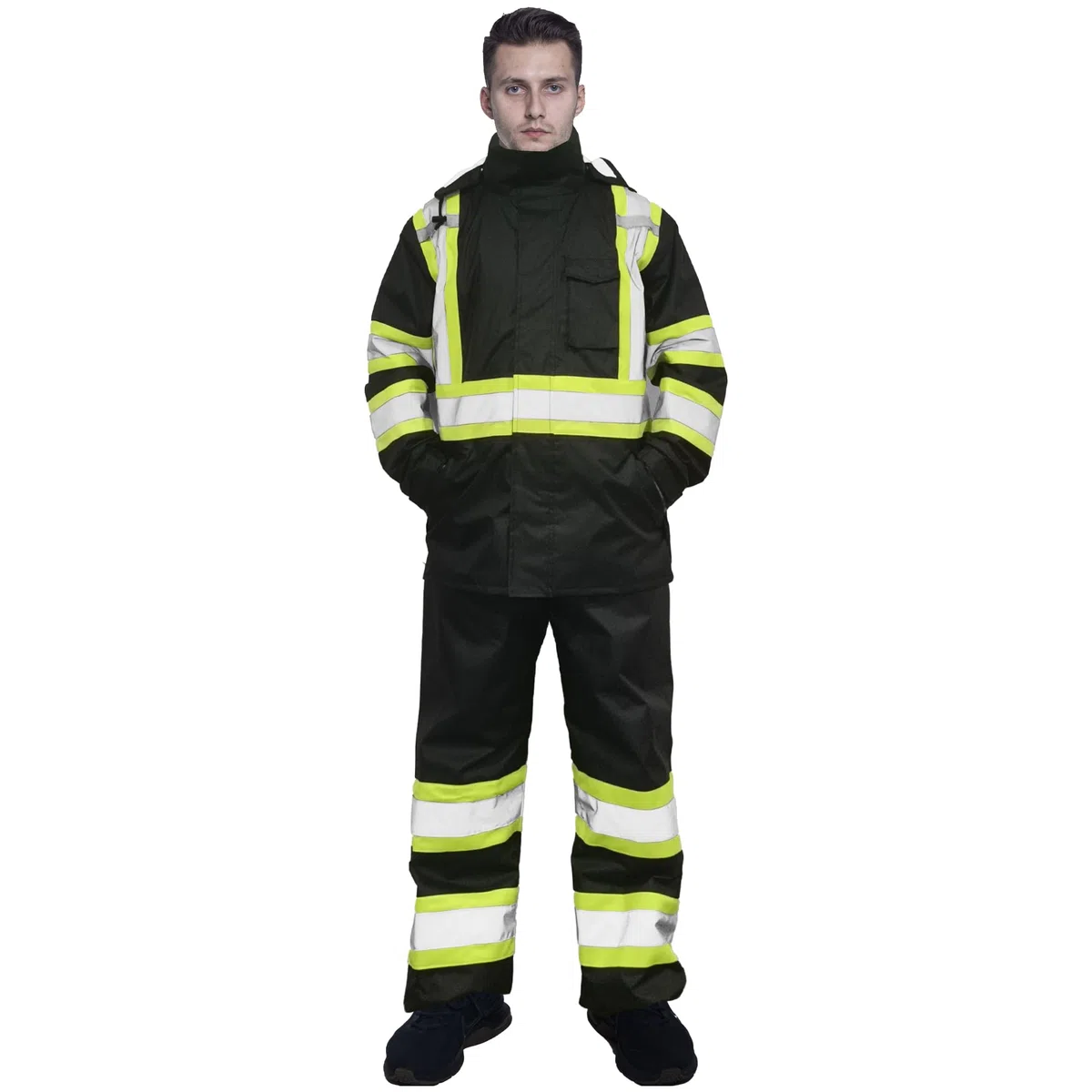 sesafety Trajes de lluvia impermeables para hombre, equipo de lluvia de alta visibilidad clase 3, chaqueta impermeable de alta visibilidad con parte inferior negra