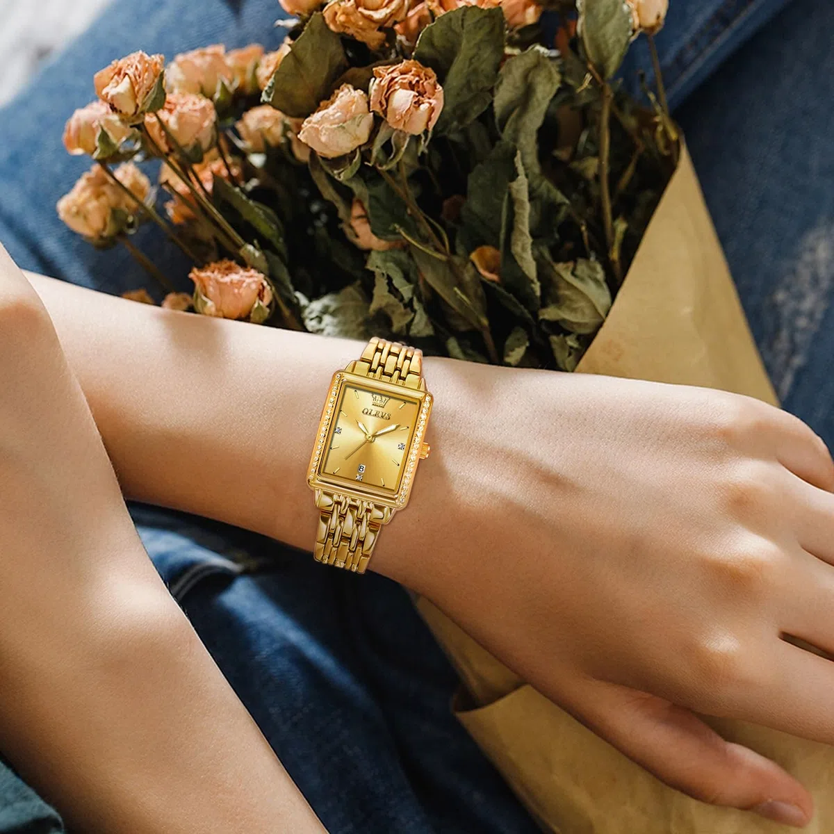 OLEVS Reloj Mujer, Rectangular Acero Inoxidable Analógico de Cuarzo Mujer de Reloj, Clásico Diamantes con Fecha Relojes, Pulsera Esfera Grande
