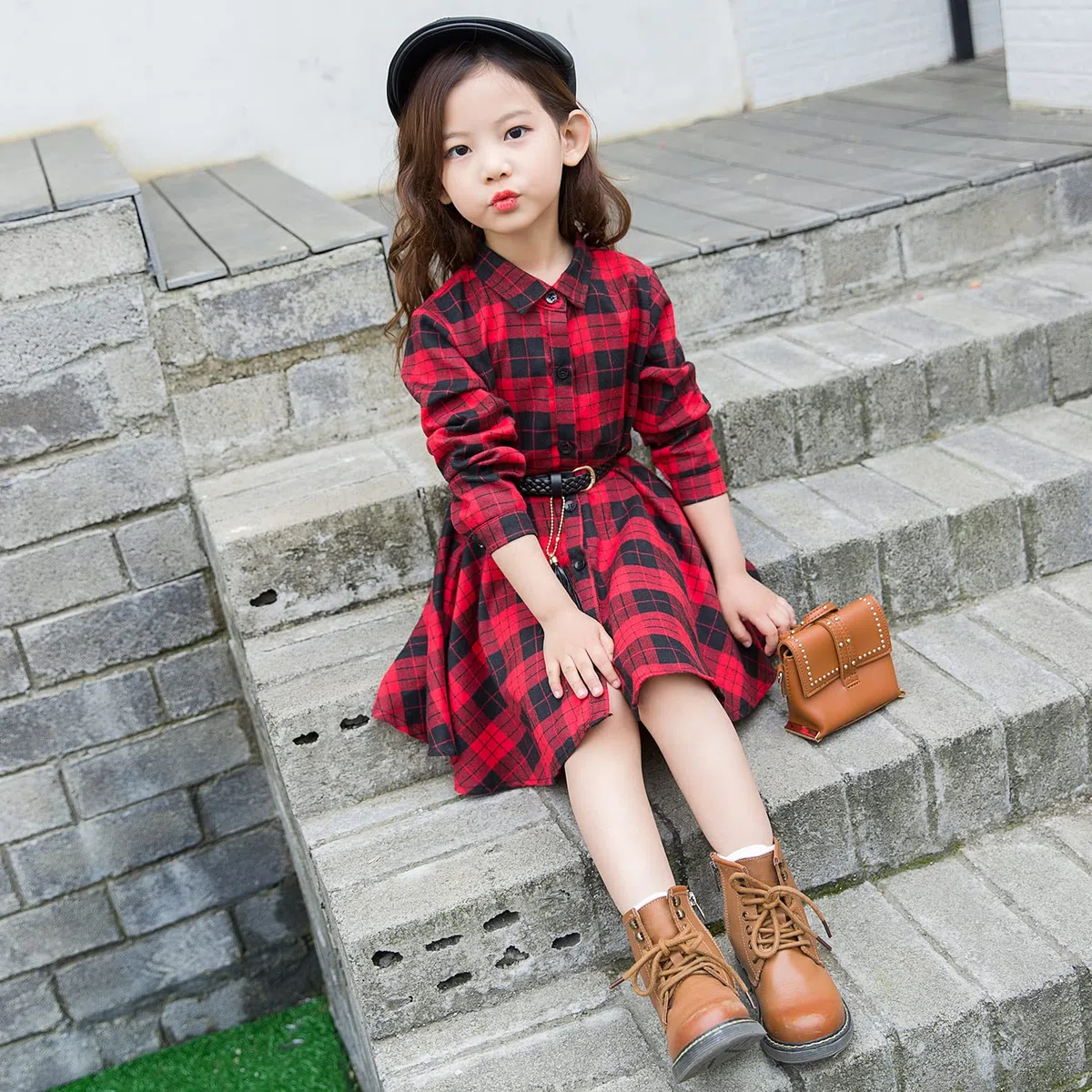 AGQT Blusas Vestido Bebita Traje de Navidad, Vestido de Camisa de Rayas Ropa Casual Manga Larga con cinturón, Talla de Camisa a Cuadros Buffalo Tamaño 3-11T