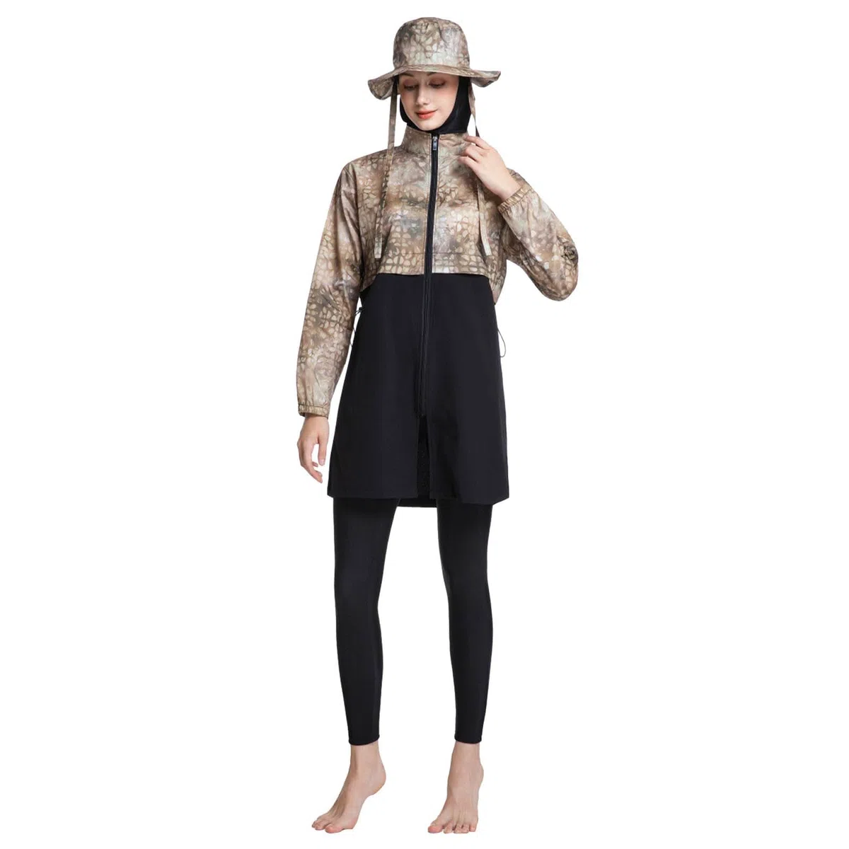 Conjunto de Traje de Baño de Manga Larga con Gorro para Mujer Solar Total Natación Surf Buceo Vacaciones Playa