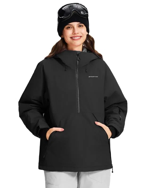 Pioneer Camp Chaqueta de snowboard para mujer, impermeable, cortavientos, transpirable, cálida, con capucha y paranieves desmontable, chaqueta de esquí funcional para esquí y snowboard