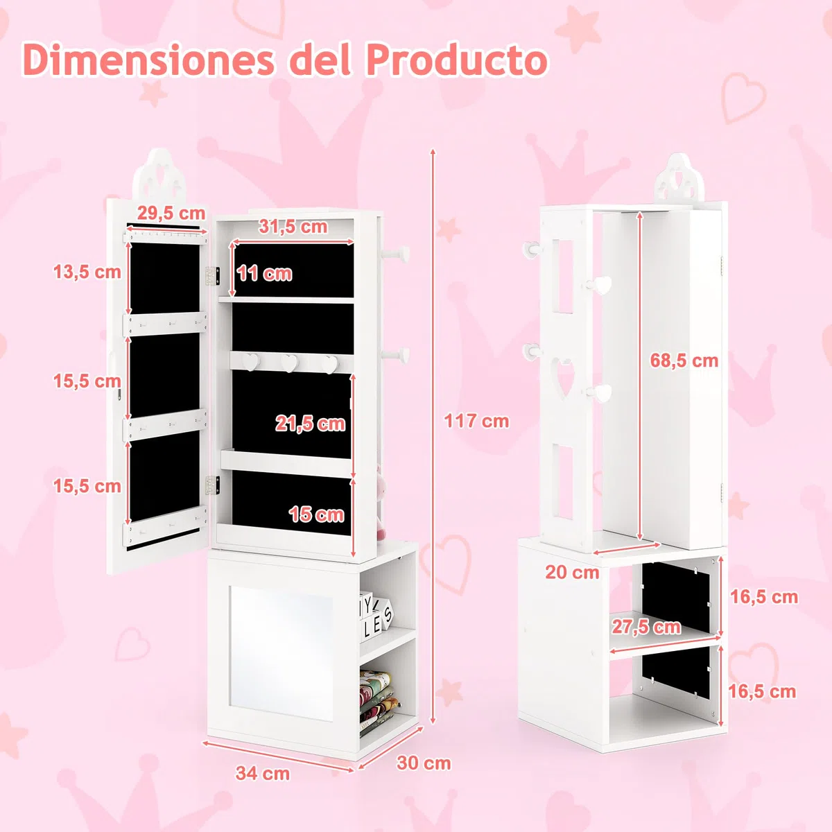 GOPLUS Armario de Joyería para Niños con Espejo de Cuerpo Entero, Organizador de Joyería Infantil de Pie con Perchero, Sistema Antivuelco, Armario de Joyería Princesa para Dormitorio (Blanco)