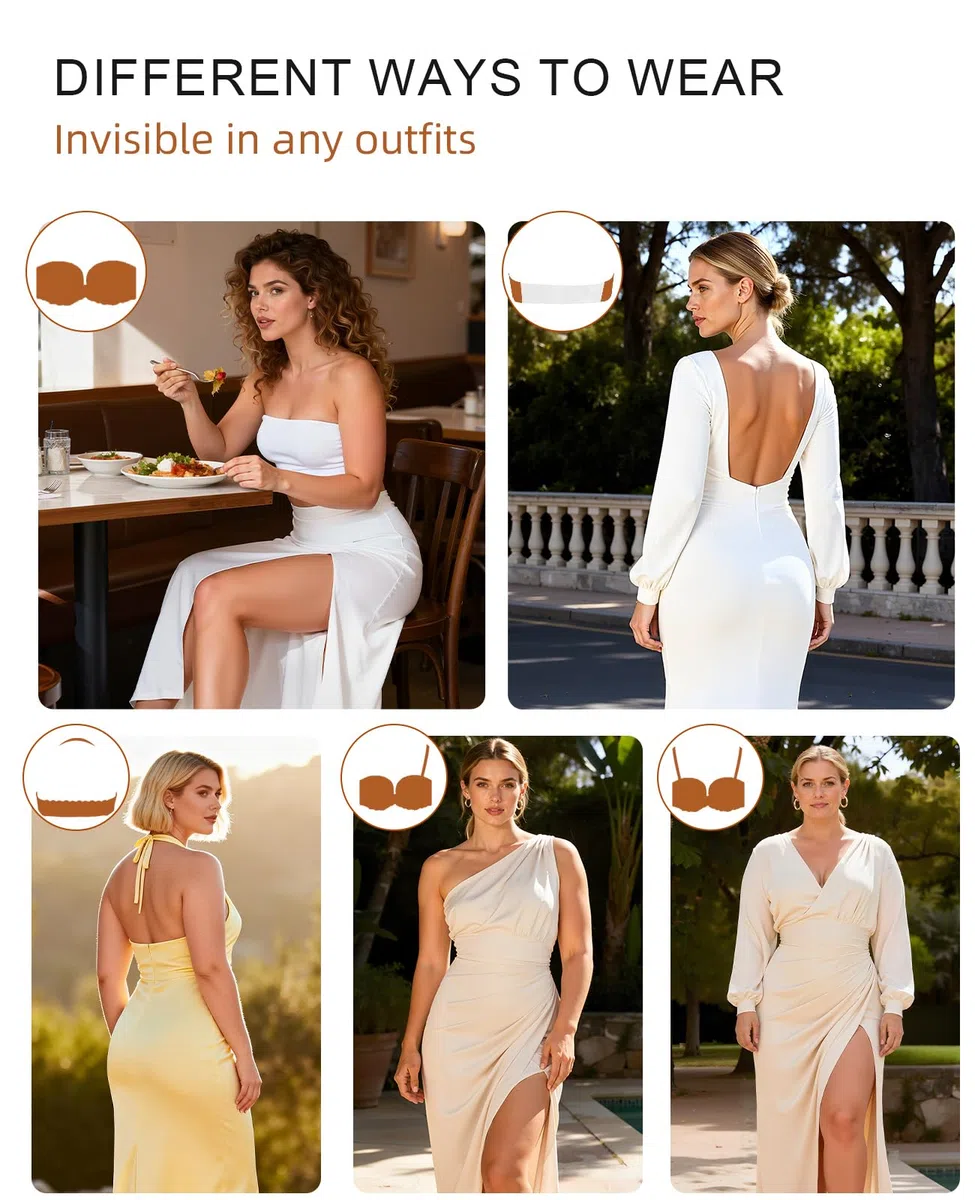 YANDW - Sujetador sin tirantes, ligeramente acolchado, cobertura completa, espalda transparente, tirantes invisibles, sin espalda, para mujer