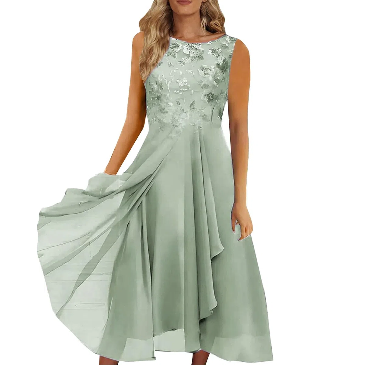 Vestido Largo de Gasa Elegante para Mujer Plus Size Vestido de Noche Formal con Detalles de Encaje Ahuecado y Escote Redondo Ideal para Eventos y Damas de Honor