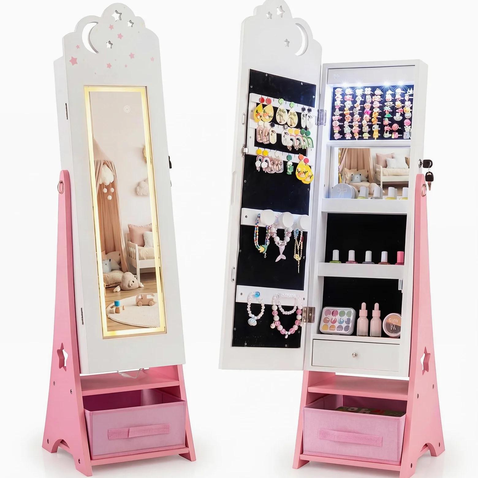 FANTASK Armario para joyas para niños, armario con espejo con iluminación LED y espejo de cuerpo entero, organizador de joyas inclinable con espejo interior y cajones, para habitación de los niños