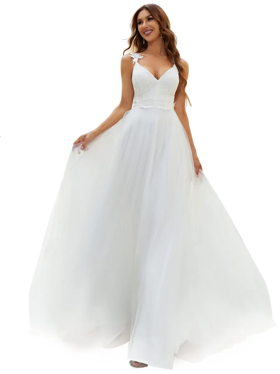Ever-Pretty Vestido de Novia Largo para Mujer A-línea Escote en V sin Mangas con Encaje Gasa EH00216