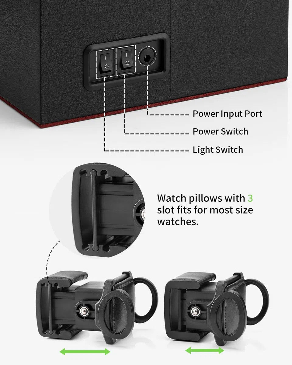 Vlando Vitrina Automática para 2 Relojes, Caja Giratoria de Cuero con Almacenamiento de Joyas, Motor Silencioso Japonés, Iluminación LED, Adaptador de Corriente Alterna, Caja de Movimiento de Relojes