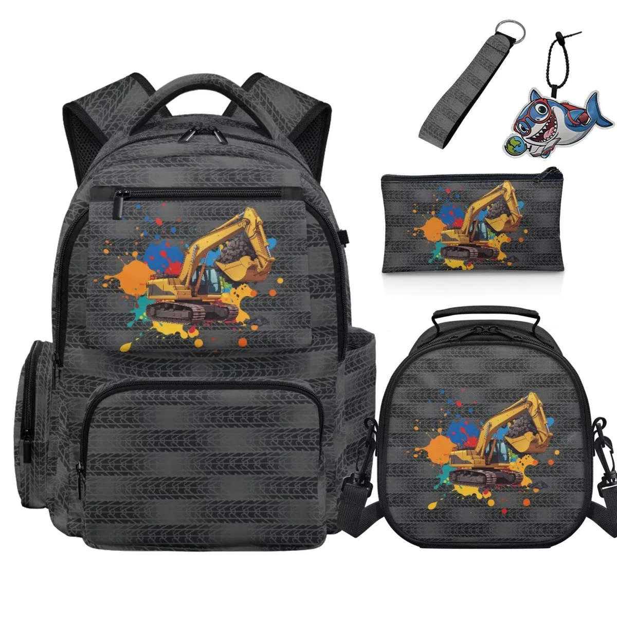 COEQINE Mochila de 5 piezas para niños con bolsa de almuerzo para niños, mochila escolar con estuche para lápices, llavero para viajes de primaria, Camión de construcción, negro y gris, M, Diseñador