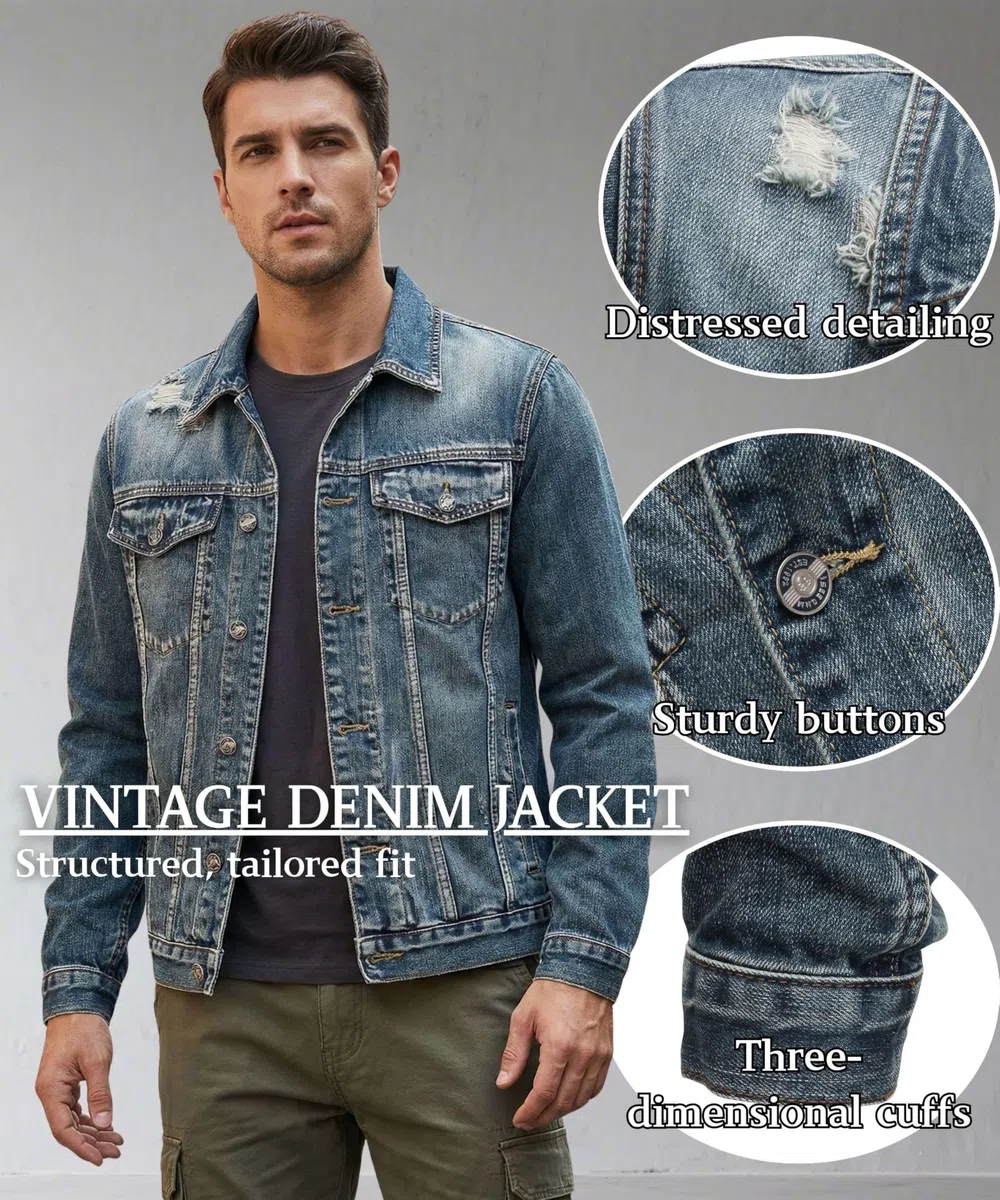 Hombre Denim Jacket para Chaquetas Vintage Vaquera Abrigo Lavado Jean Chaqueta de Moto Trucker Entretiempo Jacket con Botones