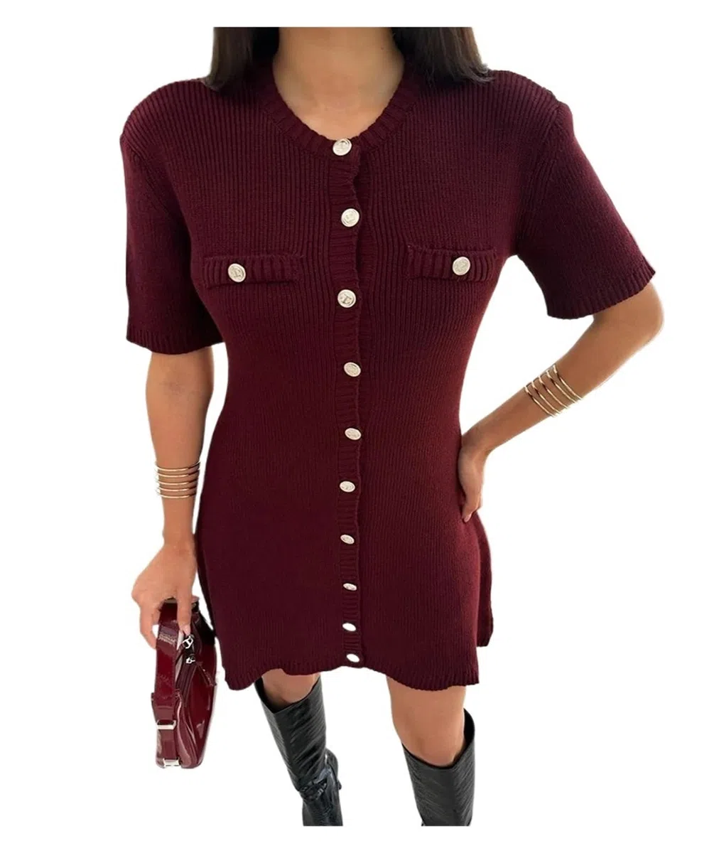 Vestido Mujer Verano Elegante Minivestido de Punto for Mujer, Vestido Ajustado de Calle con Cintura Alta y Manga Corta con canalé, Vestido de Punto Ajustado for Vacaciones(Red,M)