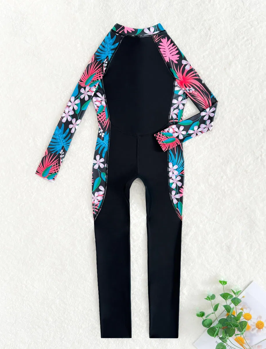 IMEKIS Traje de baño de una pieza para niñas y niñas, manga larga, estampado floral, con cremallera, UPF 50+, protección contra erupciones, modesto, cuerpo completo, traje de baño para deportes