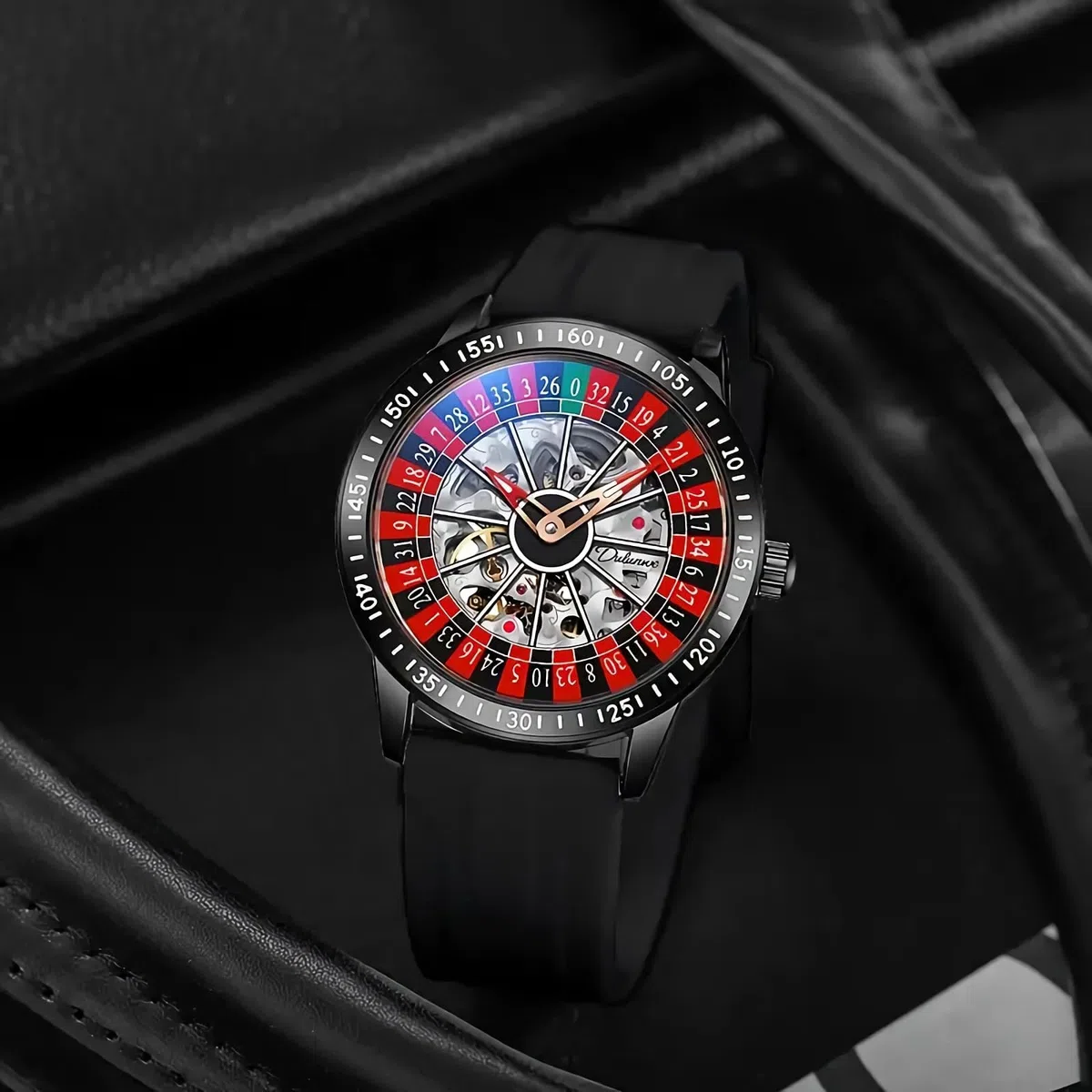 MASTOP Roulette Wheel Reloj mecánico automático para Hombre con Esfera giratoria y Esqueleto Hueco de Acero Inoxidable Impermeable