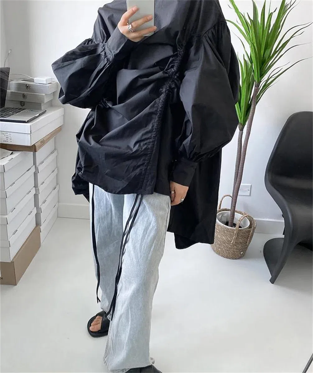 Genérico Blusa Holgada de Manga Larga con Cuello Alto y cordón Irregular para Mujer, Talla Grande, para Oficina y Trabajo (Talla única, Negra)