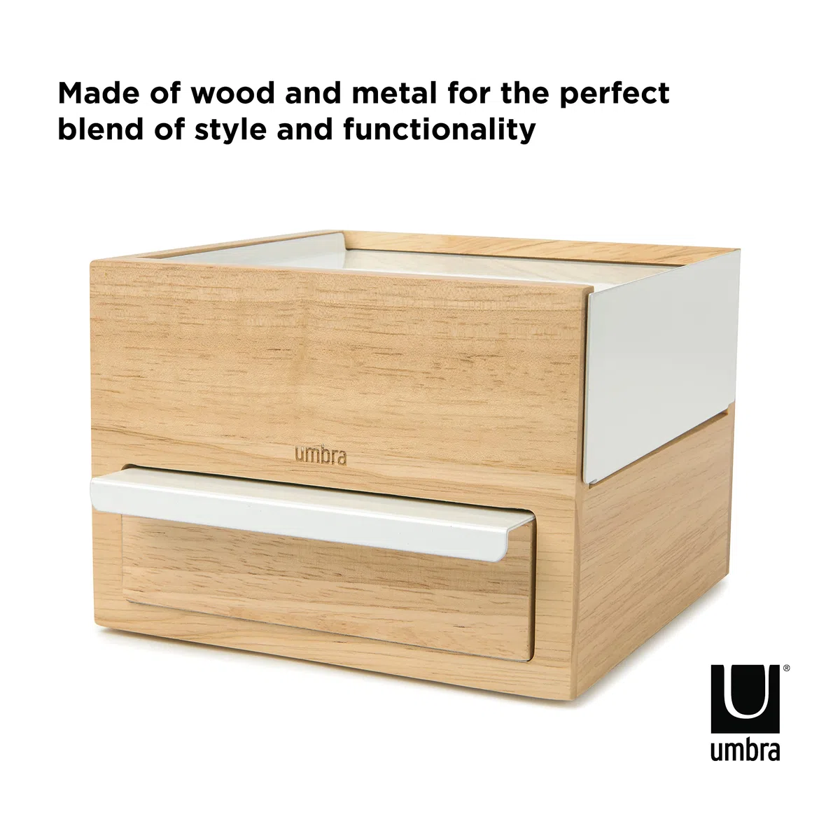 Umbra Mini Stowit Caja de joyas - Moderno organizador de joyas con cajones de compartimento oculto para anillo, pulsera, reloj, collar, pendientes y accesorios, Blanco/Natural