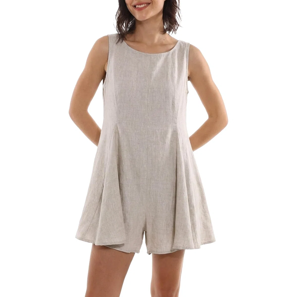 Amazhiyu Mono de lino para mujer, sin mangas, de pierna ancha, con cuello redondo, cuello redondo, elegante