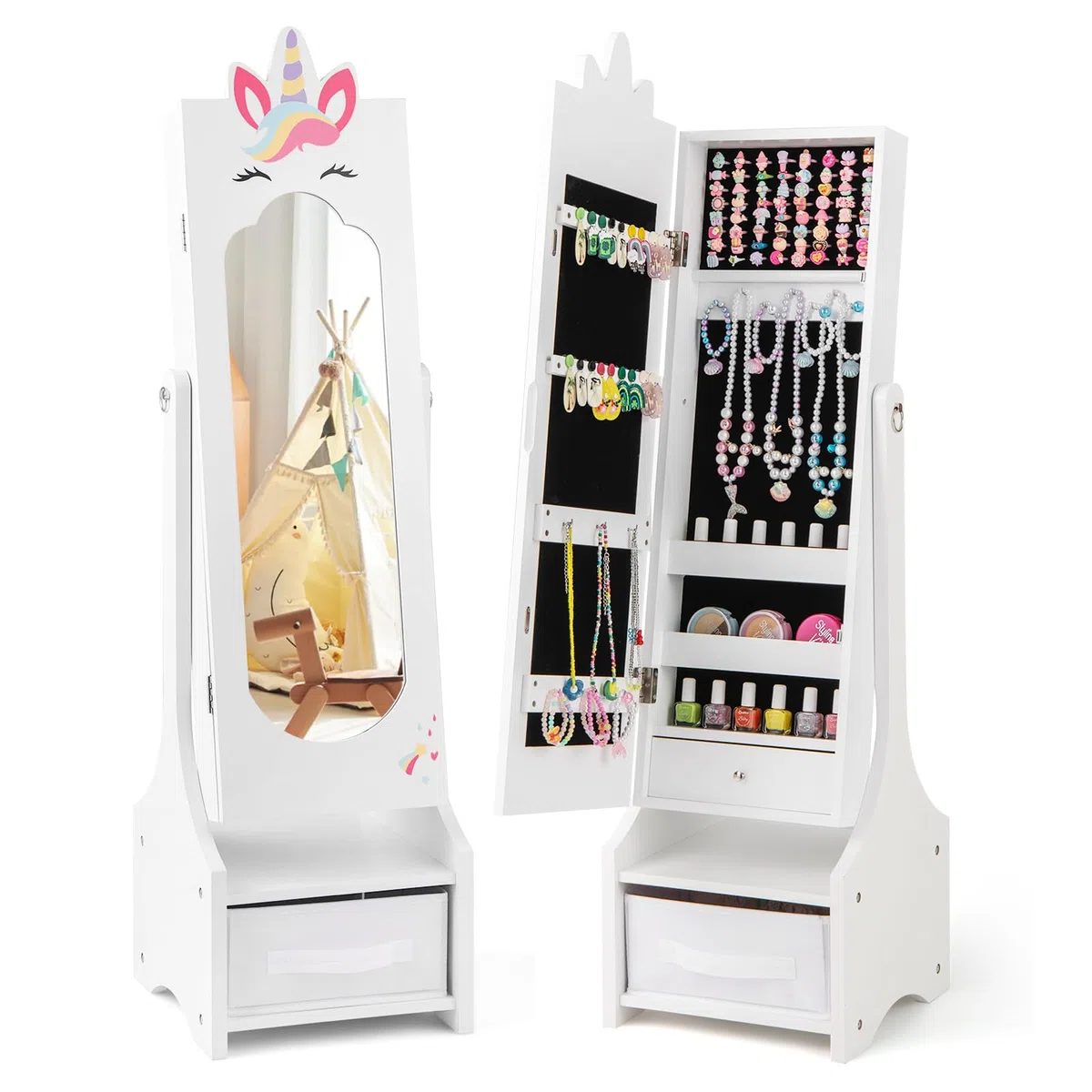 GOPLUS Armario de Joyería para Niños con Espejo de Cuerpo Entero, Organizador de Joyería Infantil de Pie con Cajón Plegable, 2 Ángulos Ajustables, Armario de Joya Princesa para Dormitorio (Blanco)