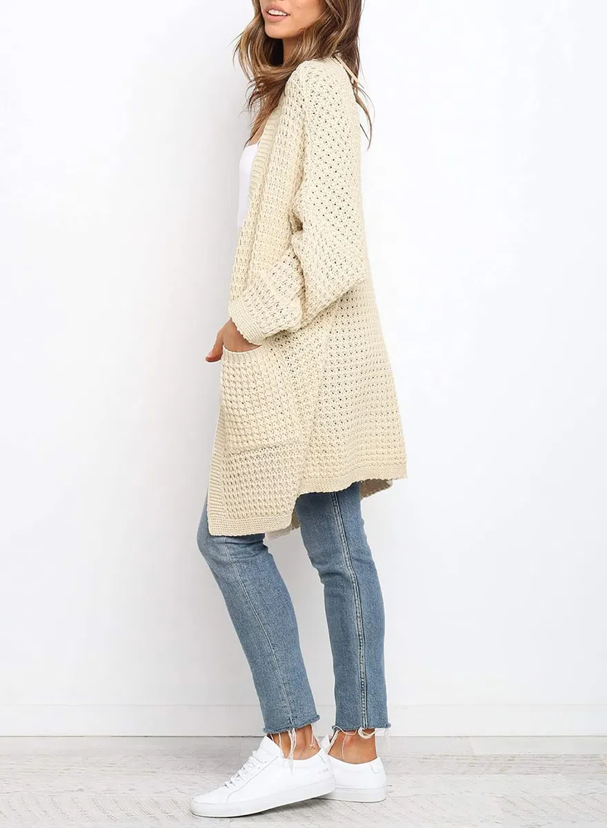 Uusollecy Cardigan Mujer Larga Chaqueta Punto Grueso Monocolor para Otoño e Invierno Abrigo Informal con Bolsillo