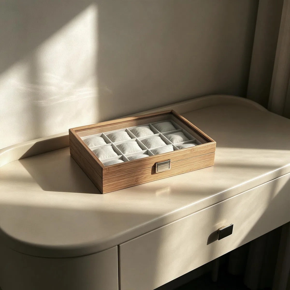 Genérico Caja de reloj organizadora de madera con 12 compartimentos para reloj y pendientes, perfecta para decoración y almacenamiento en casa y tienda