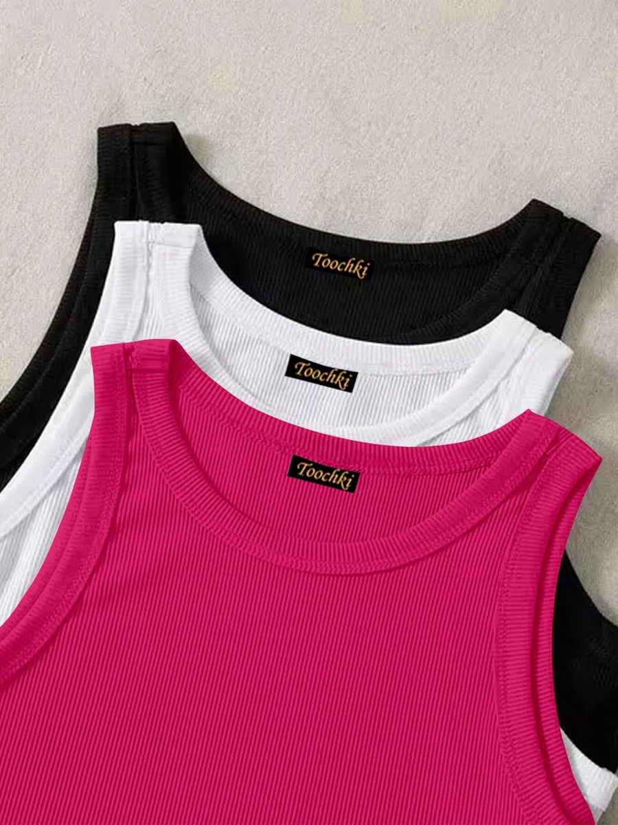 Paquete de 3 camisetas sin mangas acanaladas con cuello redondo para mujer