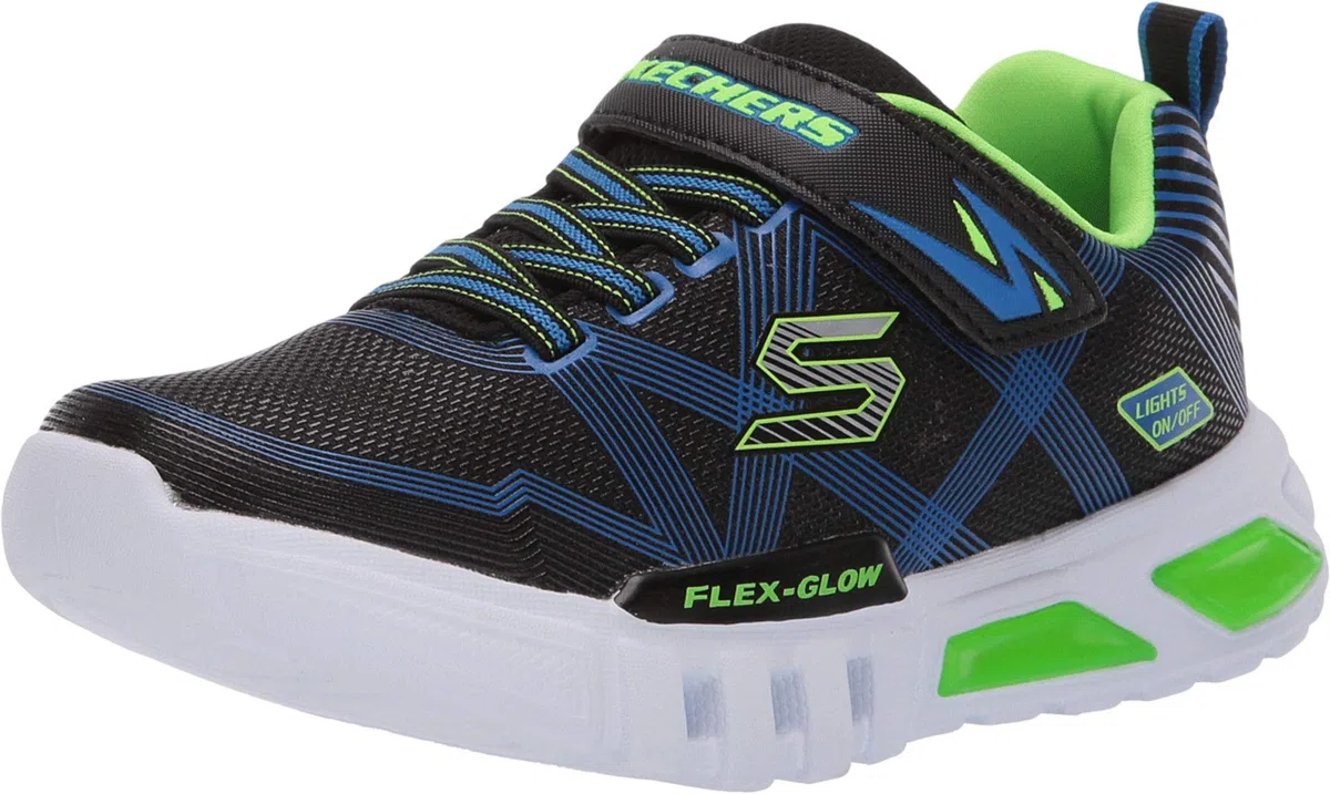 Skechers FLEX-GLOW, Zapatillas para Niños, Black Textile/ Synthetic/ Blue & Lime Trim, 28.5 EU