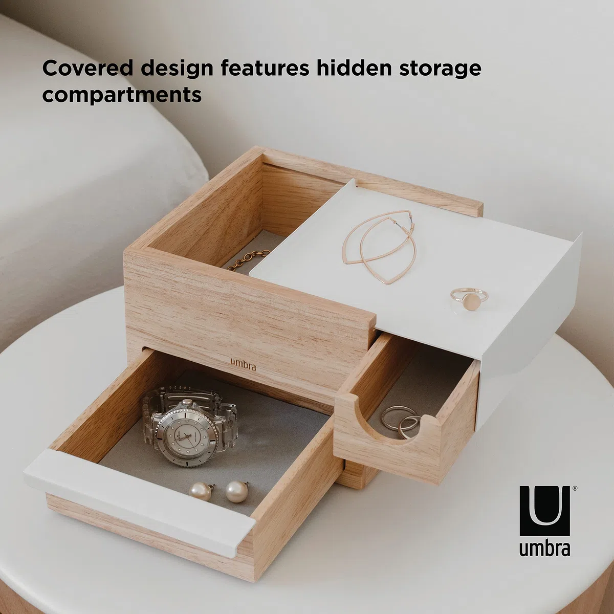 Umbra Mini Stowit Caja de joyas - Moderno organizador de joyas con cajones de compartimento oculto para anillo, pulsera, reloj, collar, pendientes y accesorios, Blanco/Natural