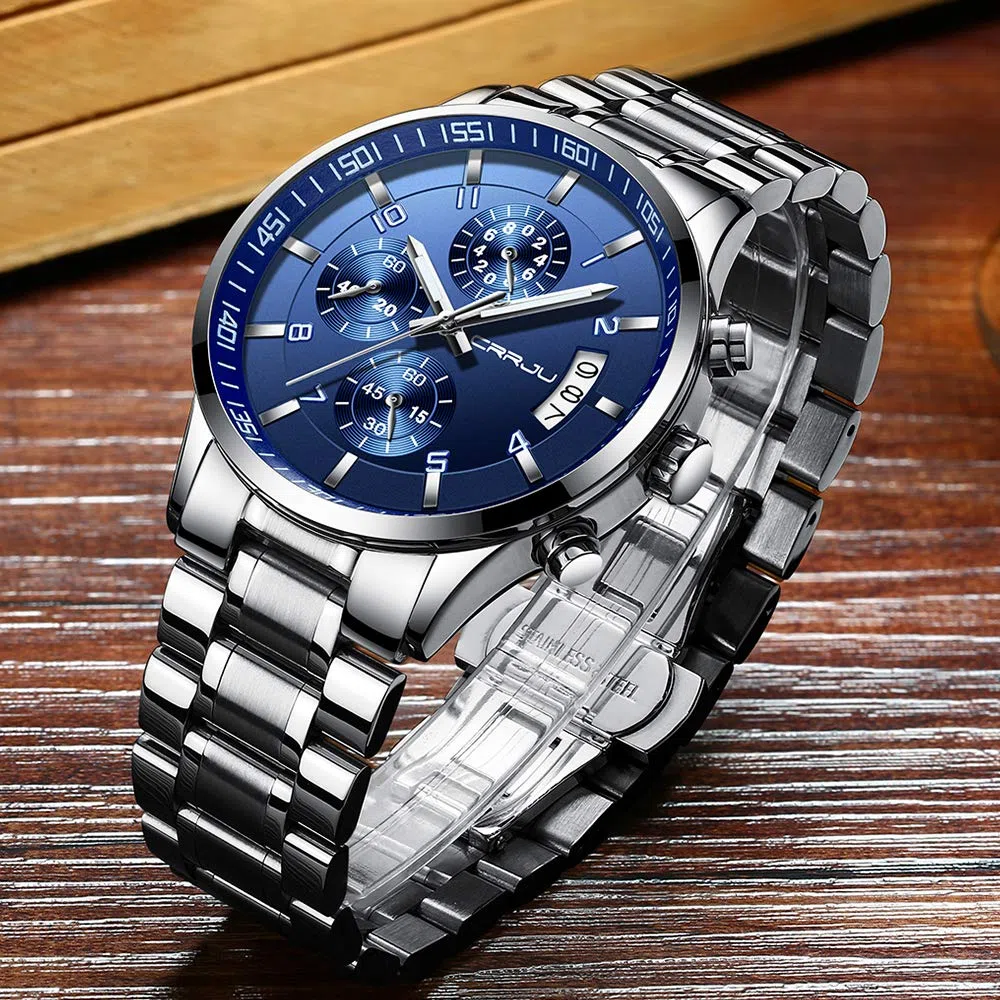 CRRJU Relojes de Pulsera para Hombres Impermeable Moda Analógico Cronómetro para Hombre de Cuarzo con Correa en Acero Inoxidable Negro Multifuncional Deportivos Reloj Regalos (Azul Plateado)