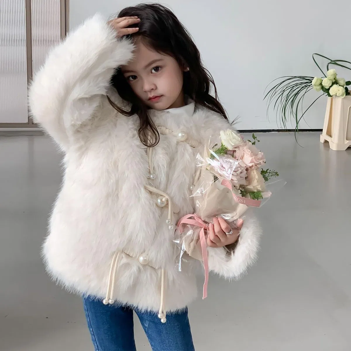 Generisch Niño Bebé Niños Niñas Suéter Chaqueta Peludo Invierno A Prueba de Viento Chaqueta Gruesa Chaqueta Caliente Ropa Exterior Abrigo Sudadera con Capucha Retro Mujer