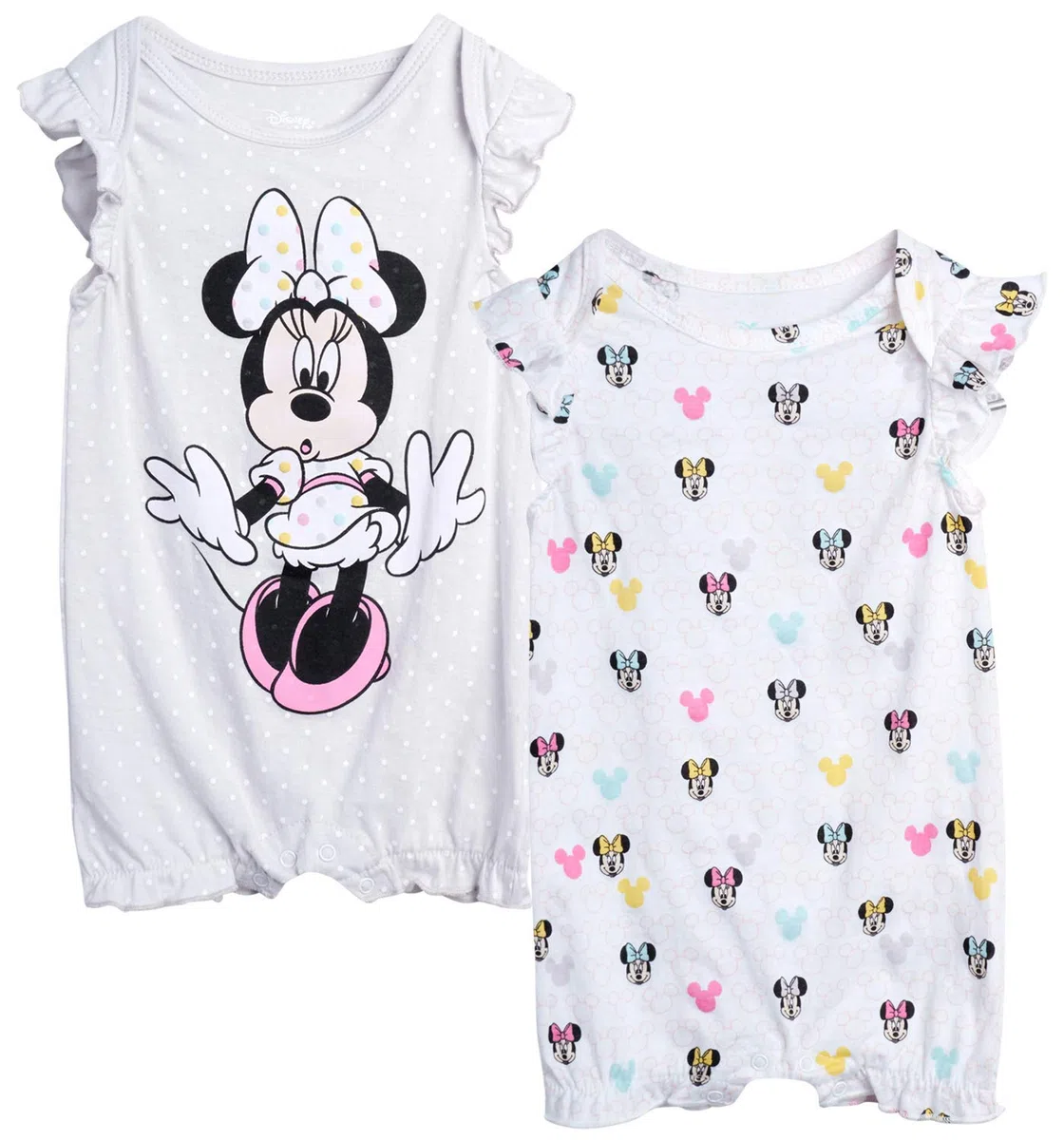 Disney Baby Girls Romper 2 Pack: Minnie Mouse Ruffle Sleeve Romper (Newborn/Infant), Size 6-9 Months, Lavender/White Multi Minnie