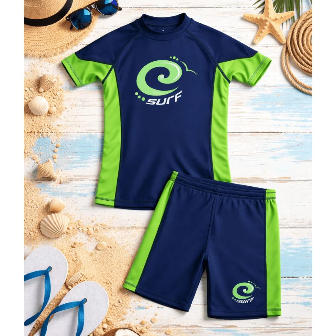 Camiseta de protección solar para niños con protección UV y bañador UPF 50+ azul y verde.