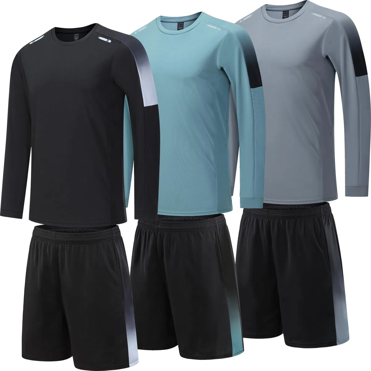 BOOMCOOL - Conjunto deportivo para hombre de 3 piezas, camiseta de entrenamiento para gimnasio, ropa deportiva para correr, fútbol, ejercicio y otras actividades deportivas, negro azul gris (Black