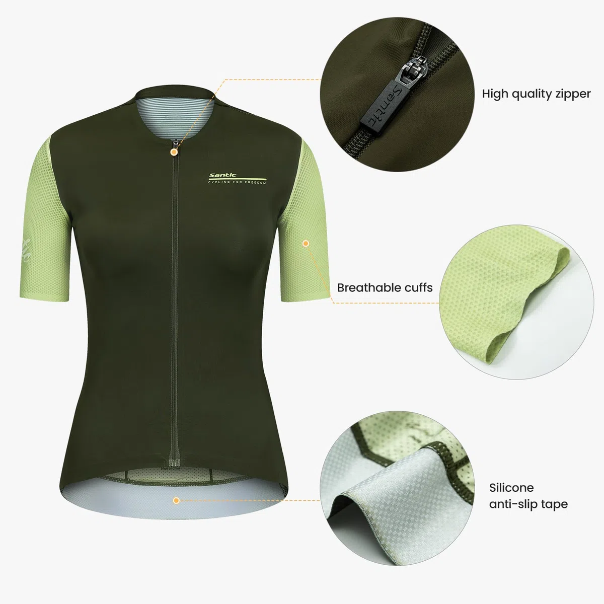 Santic Maillot de ciclismo para mujer, manga corta, con cremallera completa, UPF 50+, con bolsillos
