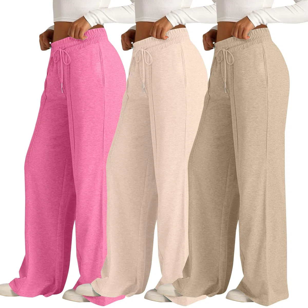 Paquete de 3 pantalones de pierna ancha para mujer, cintura elástica, pierna recta, pantalones deportivos de cintura alta, holgados, pantalones palazzo, pantalones de pista, color sólido, pantalones