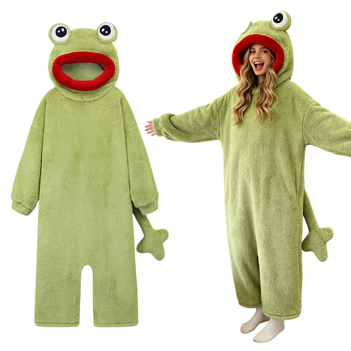 Genérico Pijama de Monstruo Verde para Mujer Hombre, Mono con Capucha de Franela, Pijama de Cuerpo Entero Acogedor con Bolsillos, Otoño Invierno Disfraz Dormir Unisex para Hogar y Halloween