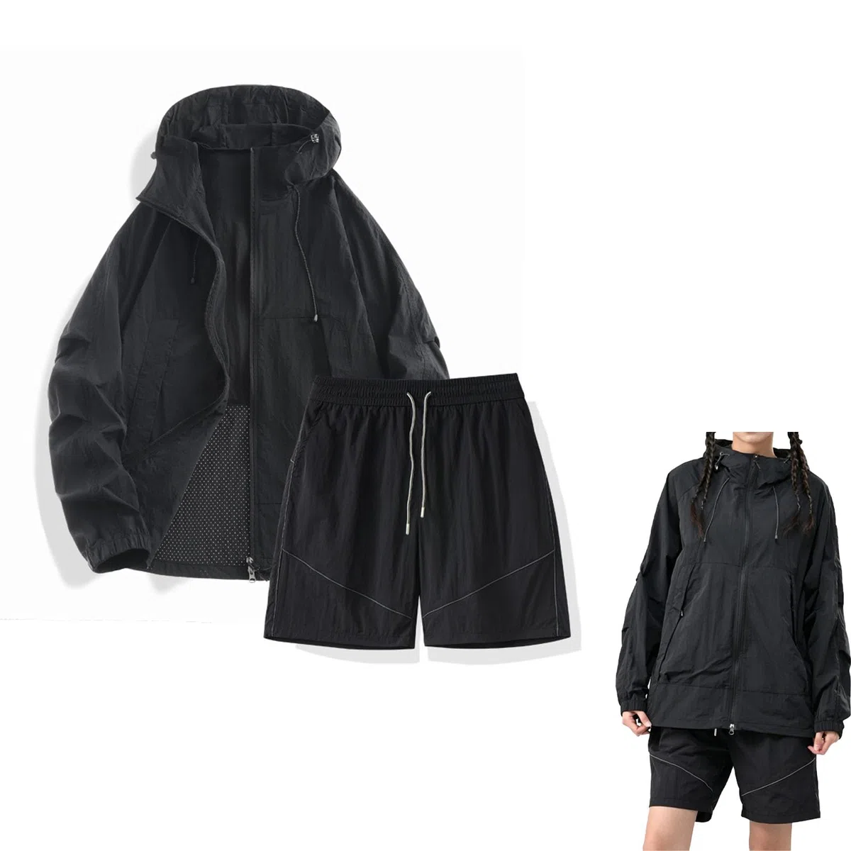 Conjunto de 2 piezas para mujer: chaqueta con capucha y pantalón. | Chaqueta ligera con protección solar UPF y cierre de cremallera completa, ideal para senderismo, caminatas
