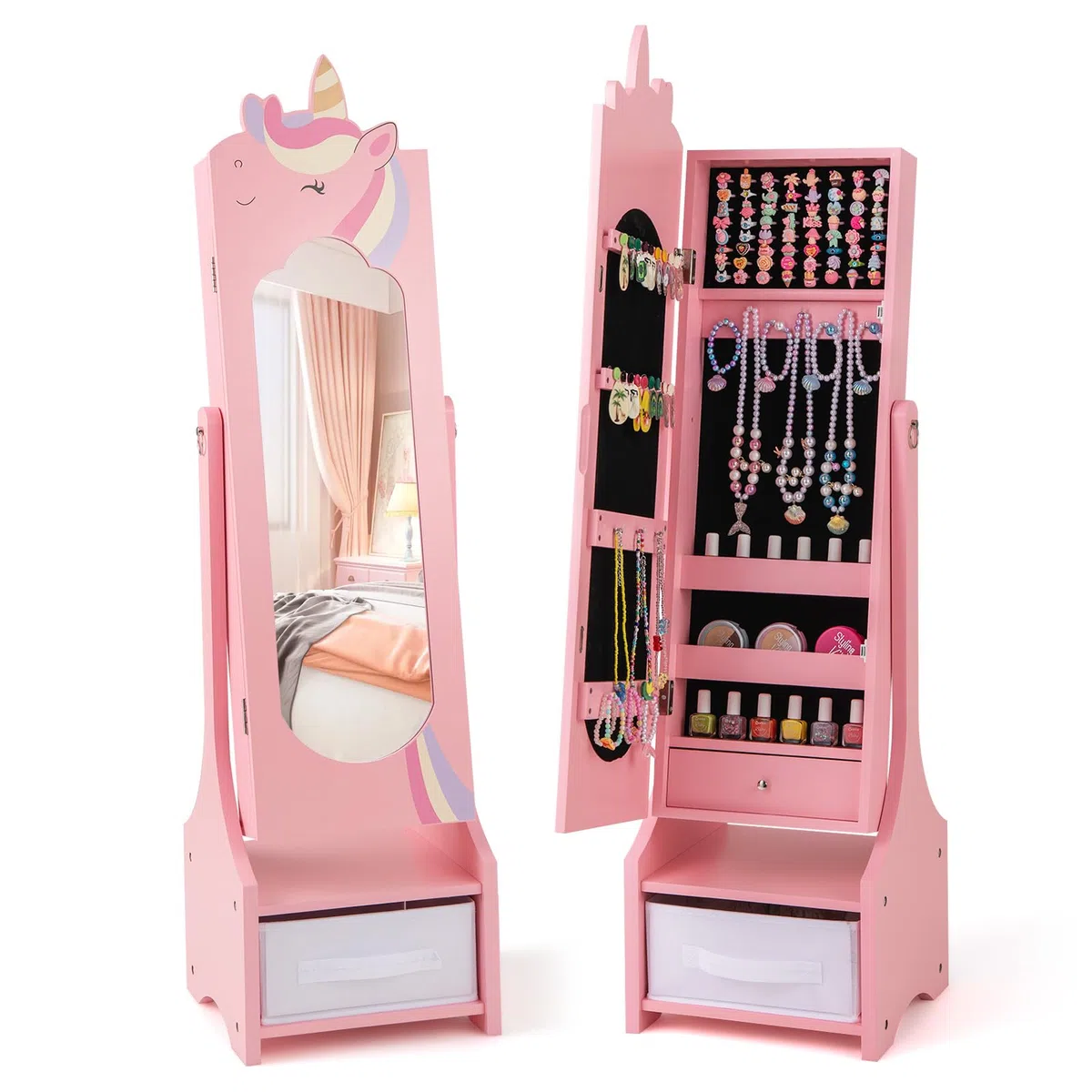 GOPLUS Armario de Joyería para Niños con Espejo de Cuerpo Completo, Organizador de Joya de Pie con Cajón Plegable, 2 Ángulos de Inclinación Ajustables, Armario de Joyas Infantil (Rosa)