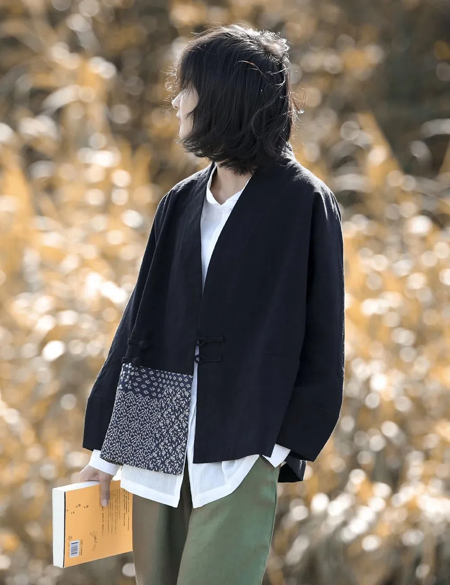 NFYM Chaqueta tipo kimono ligera para mujer, diseño de retazos, parte delantera abierta, con botones de rana, acolchado y forro de dos estilos