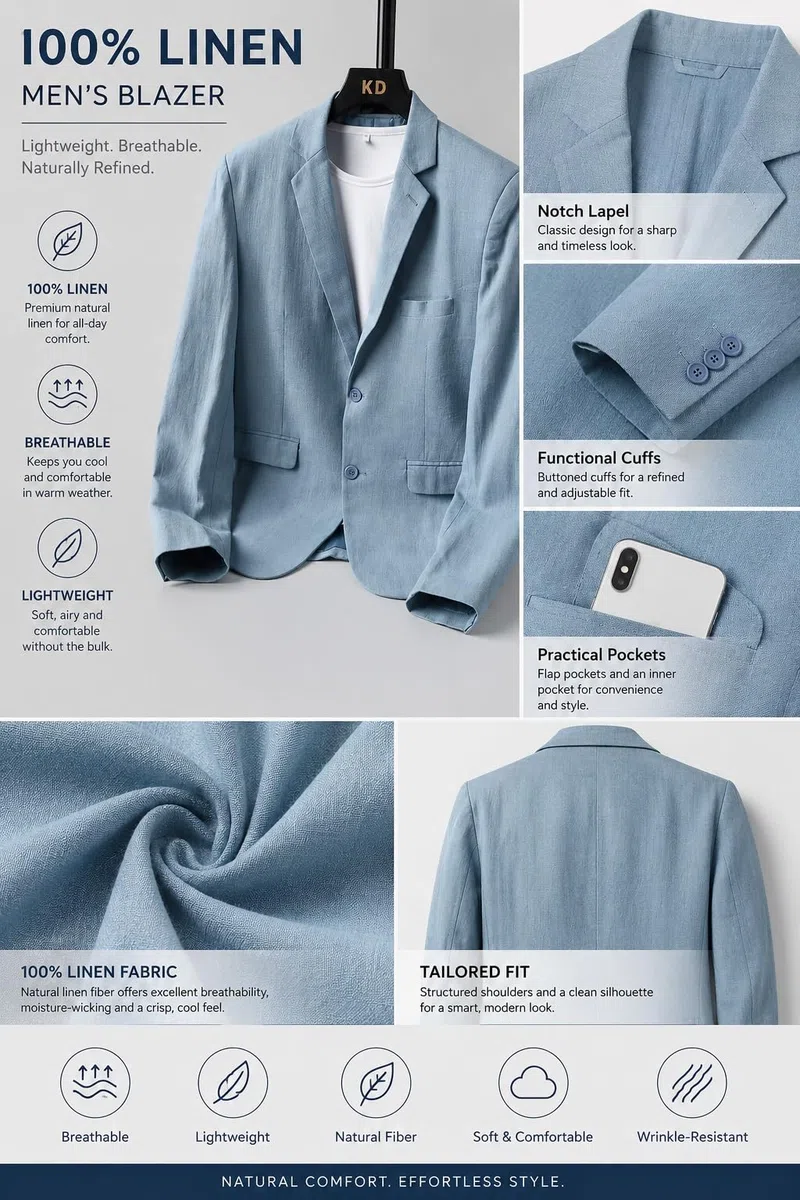 Traje Hombre Blazer De Lino 100% para Hombre Elegante E Informal Chaqueta De Lino Puro con Dos Botones Corte Entallado Estilo Deportivo con Bolsillos Ligero Forrado Ideal para Negocios Bo