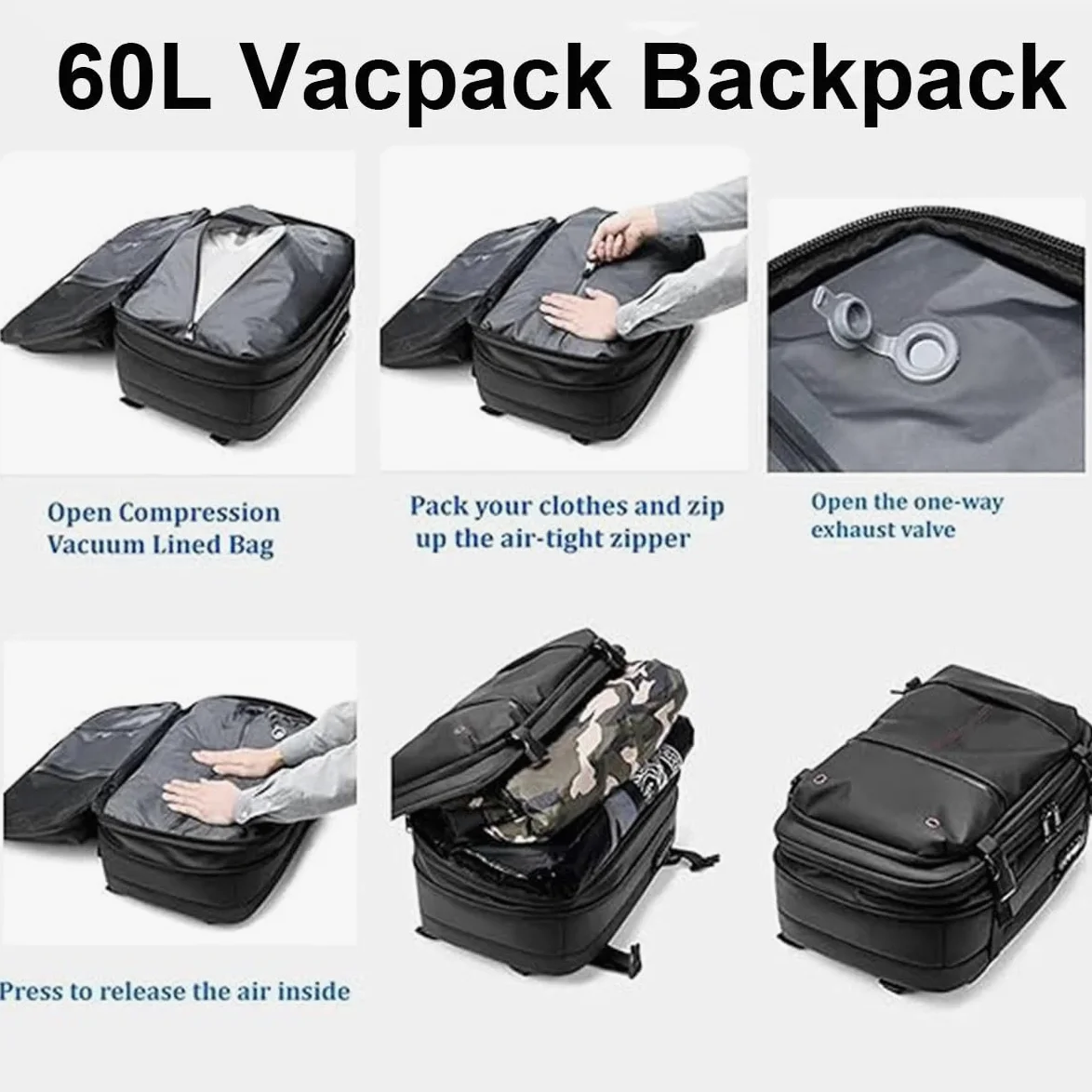 Mochila, Equipaje De Mano, Bolsa De Avión, Airbag De Vacío, Mochila De Viaje, Mochila De Mujer, Mochila De Viaje Al Vacío con Bomba, Impermeable, Maleta De Vacío For Hombre.(Noir,Air Pump)