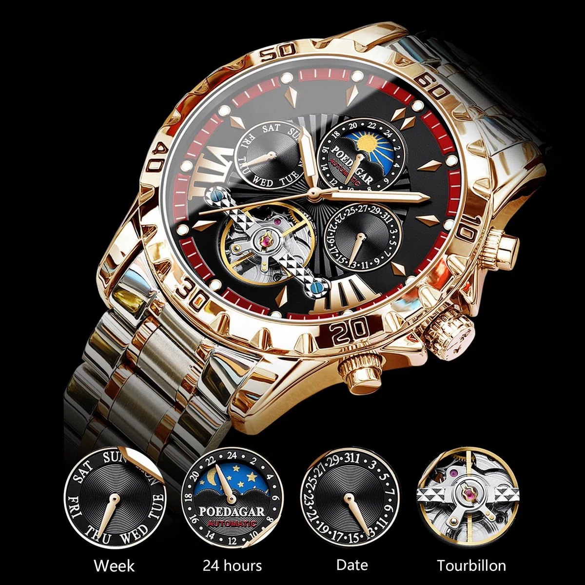 FORSINING Tourbillon Reloj de pulsera automático para hombre, correa de acero inoxidable, fase lunar, analógico, con fecha