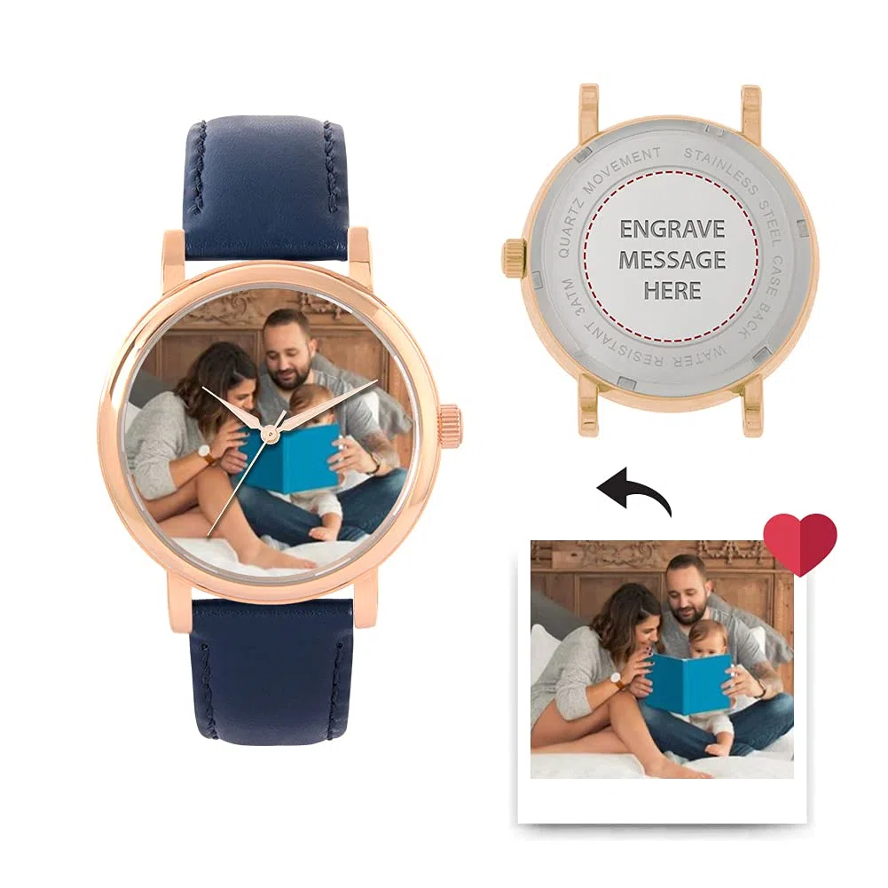 Regalos fotográficos Personalizados para Mujer, Pantalla analógica, Reloj con Movimiento de Cuarzo japonés con Caja de Oro Rosa, Reloj Grabado a Medida