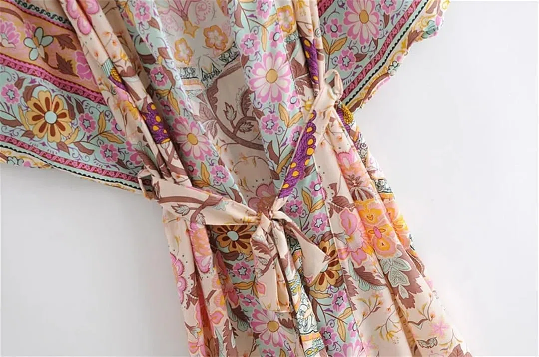 Bata kimono bohemio con estampado de manga murciélago para mujer, cuello en V, para verano