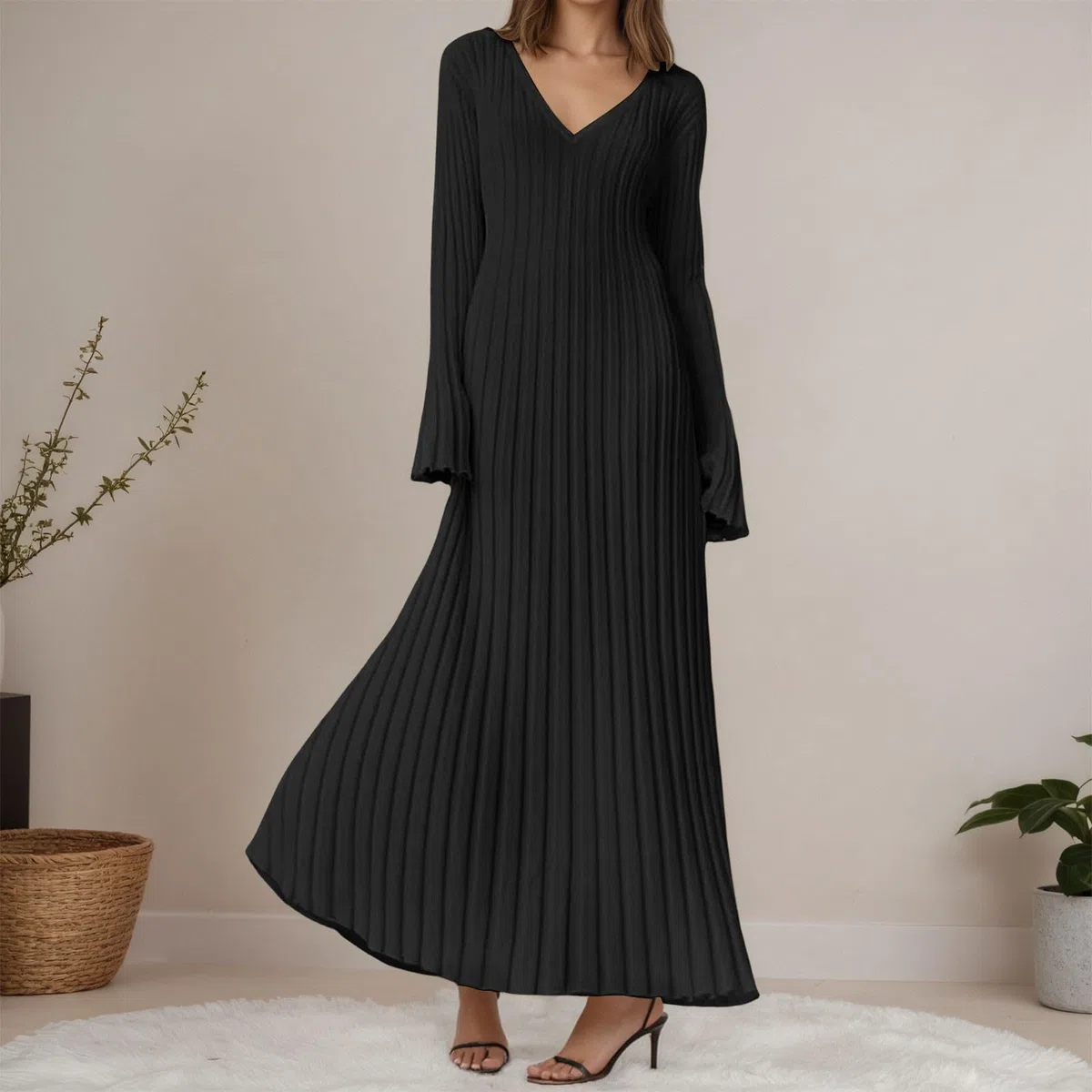 Elegante vestido largo de punto con cuello alto, estructura acanalada, diseño entallado, adelgazante, casual, con ajuste en la cintura