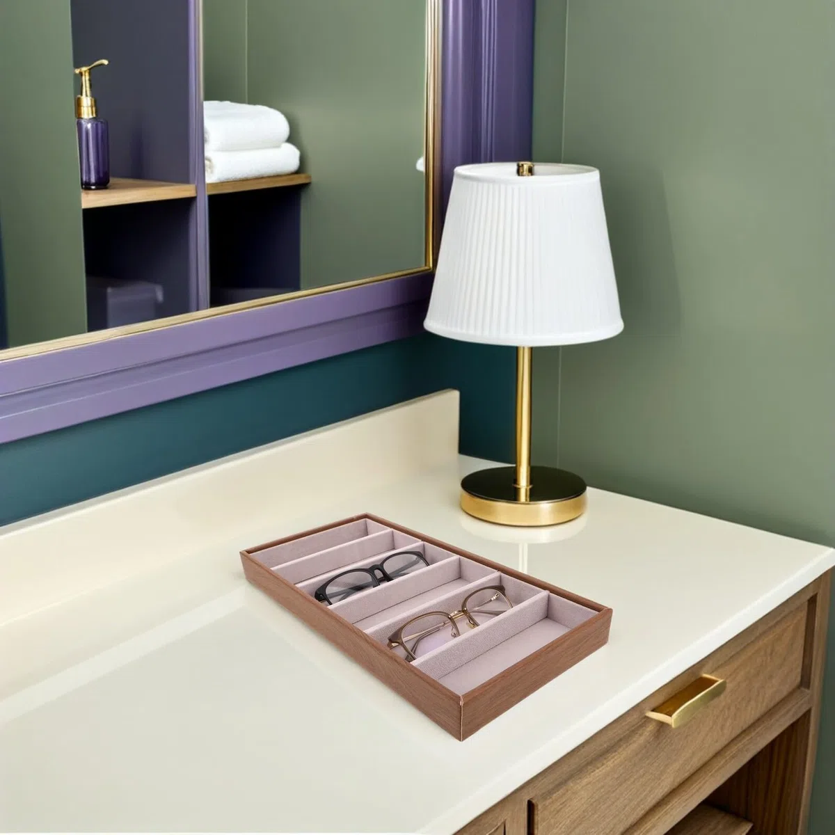 NOLITOY Soporte para Gafas de Madera Diseño de Veta Natural Bandeja Organizadora Dividida para Gafas de Sol Joyas y Relojes Estuche Multifuncional para Escritorio Protección contra
