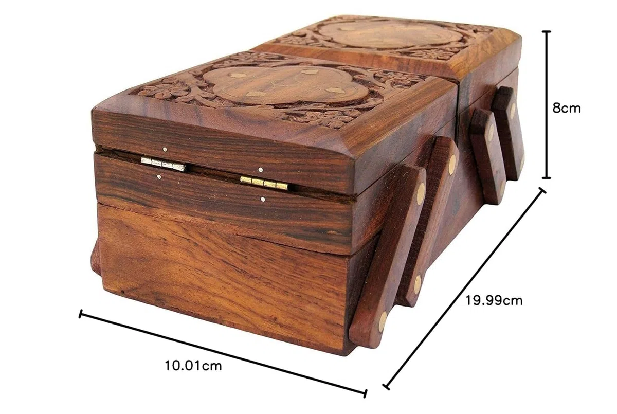 Craftland Joyero de madera (latón y tallado) para mujeres/niñas, con solapa abatible, regalo hecho a mano, 20,3 cm