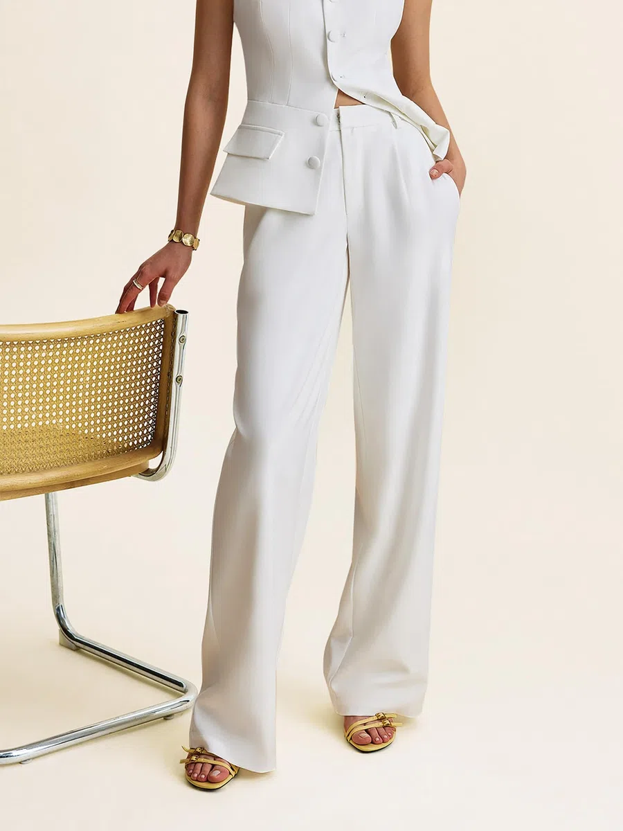 Conjunto De Traje De Oficina De 2 Piezas para Mujer, Blazer Formal, Chaleco Y Pantalones, Túnica Blanca Con Solapa Y Botones, Camiseta Sin Mangas, Pantalones De Pierna Ancha, Conjuntos De